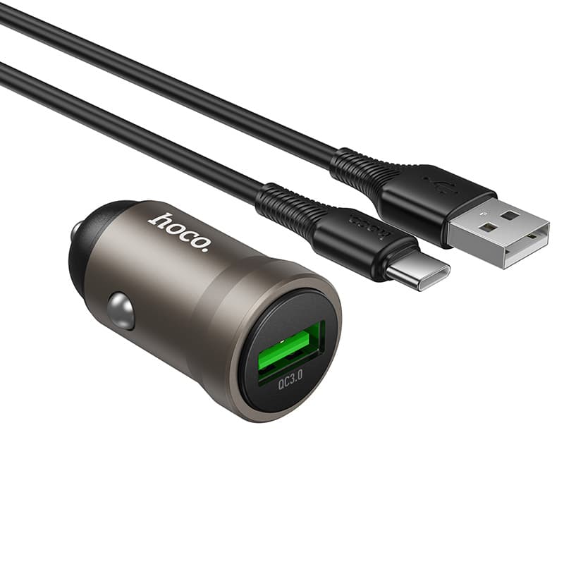 фото Автомобильное зарядное устройство + кабель Type-C USB HOCO Z62 QC0.3 18W 1м серый металл