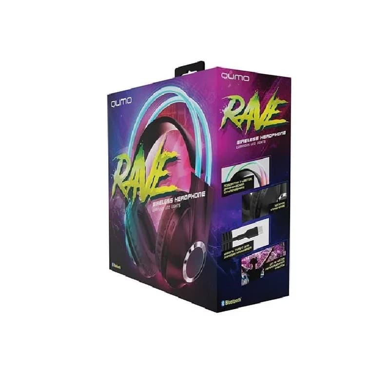 фото Наушники беспроводные накладные Qumo Party Rave BT 0076 Блютуз 5.0+EDR, RGB подсветка неон 400mAh черно-серые