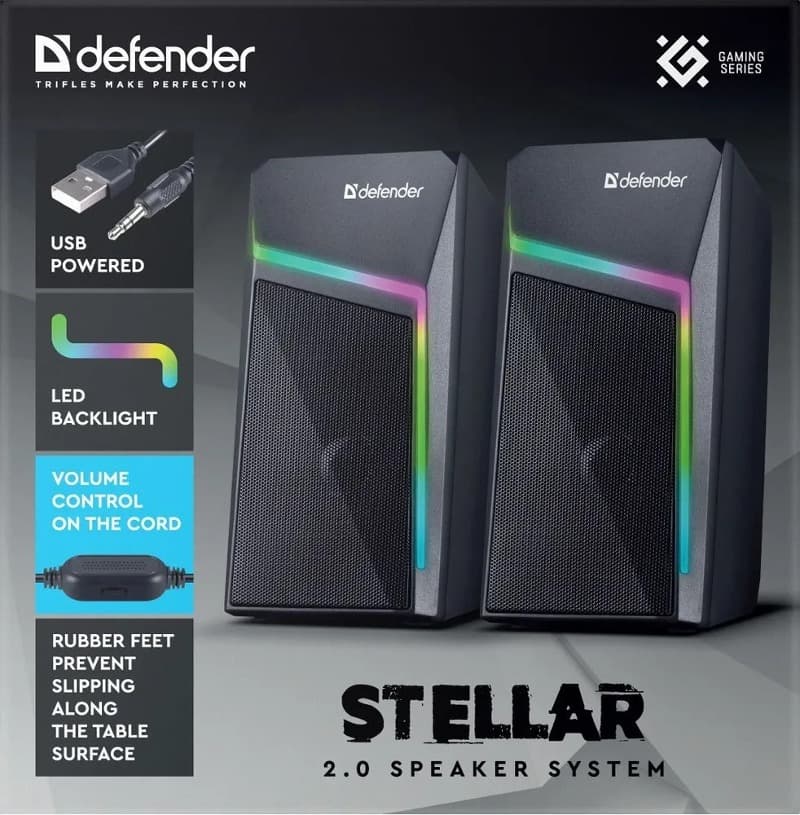 Акустическая система 2,0 DEFENDER Stellar, 6 Вт, питание от USB, черная с подсветкой