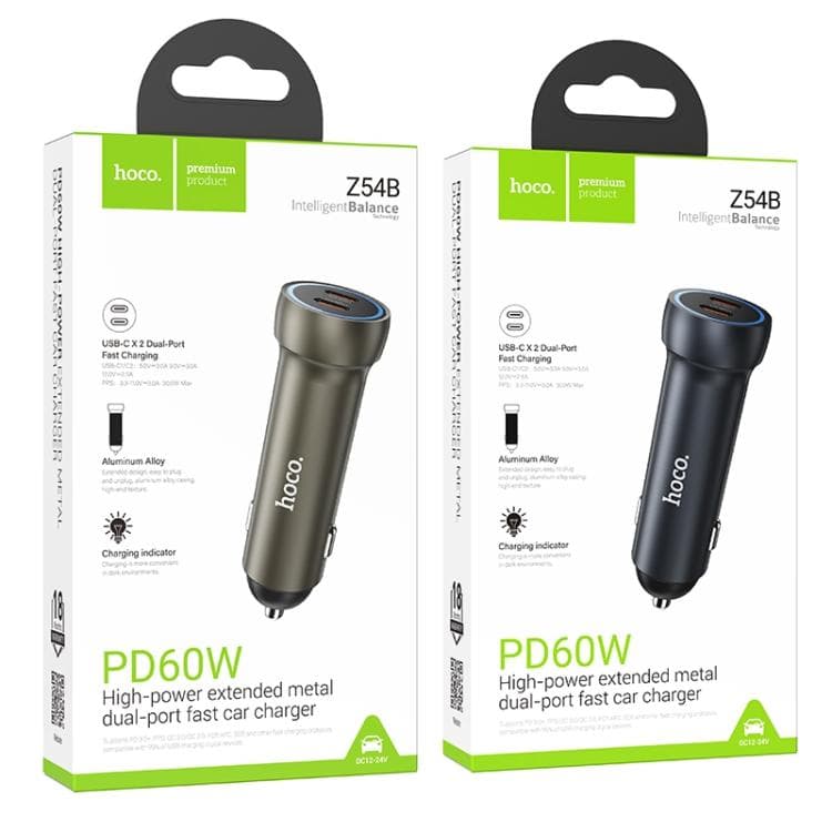 фото Автомобильное зарядное устройство HOCO Z54B PD 60W 2 Type-C USB-C серый металл