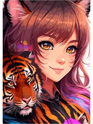 Набор для творчества алмазная мозаика Девочка с тигром 17х22 полное заполнение 20 цветов подрамник деревянный Рыжий кот