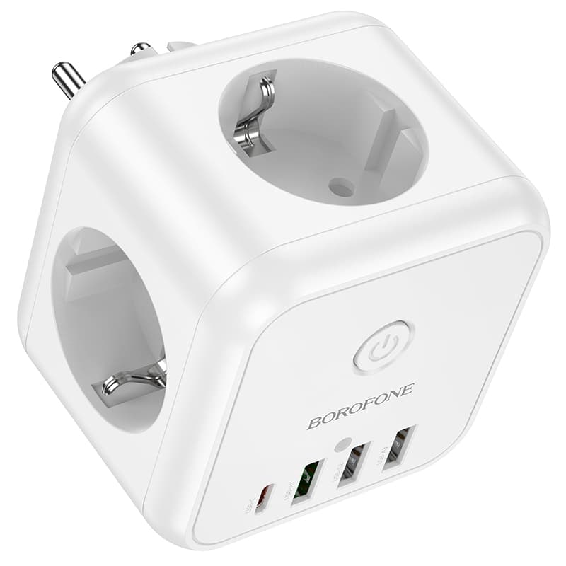 Сетевой фильтр Borofone BAC10 3 гнезда + Type-C USB-C PD 20W + 3USB QC3.0 2500W белый