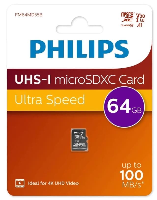 Изображение Карта памяти Philips Micro SDXC Class 10 100MB/s UHS-I U3 V30 A1 64Gb без адаптера FM64MD55B