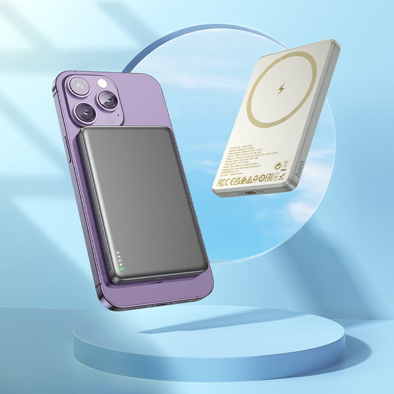 фото Внешний аккумулятор повербанк Power bank HOCO Q26 5000mAh PD 20W QC3.0 с беспроводной зарядкой и магнитом для magsafe серый металл