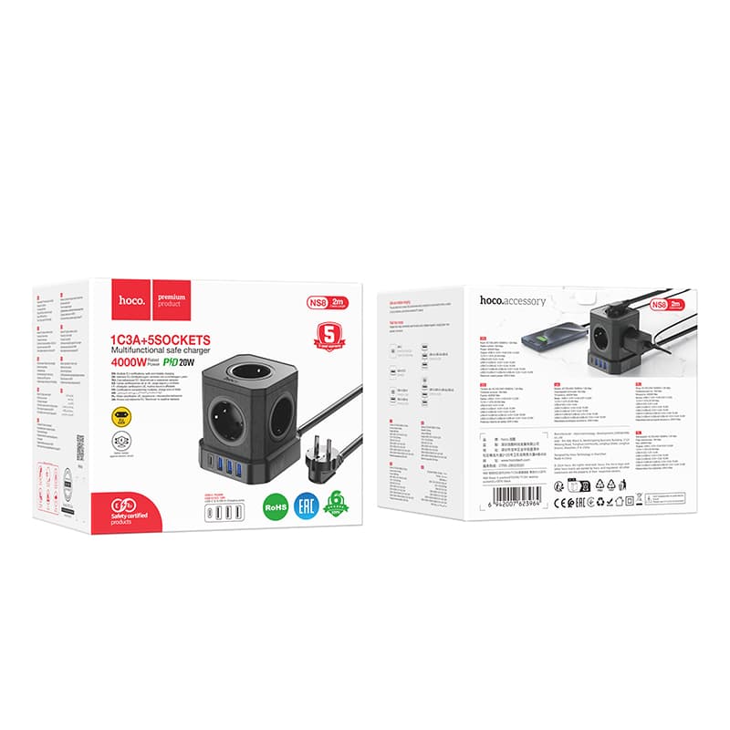 Сетевой фильтр HOCO NS8 5 гнезд + Type-C USB-C + 3USB 2м 4000W PD20W черный Сетевой фильтр HOCO NS8 5 гнезд + Type-C USB-C + 3USB 2м 4000W PD20W черный