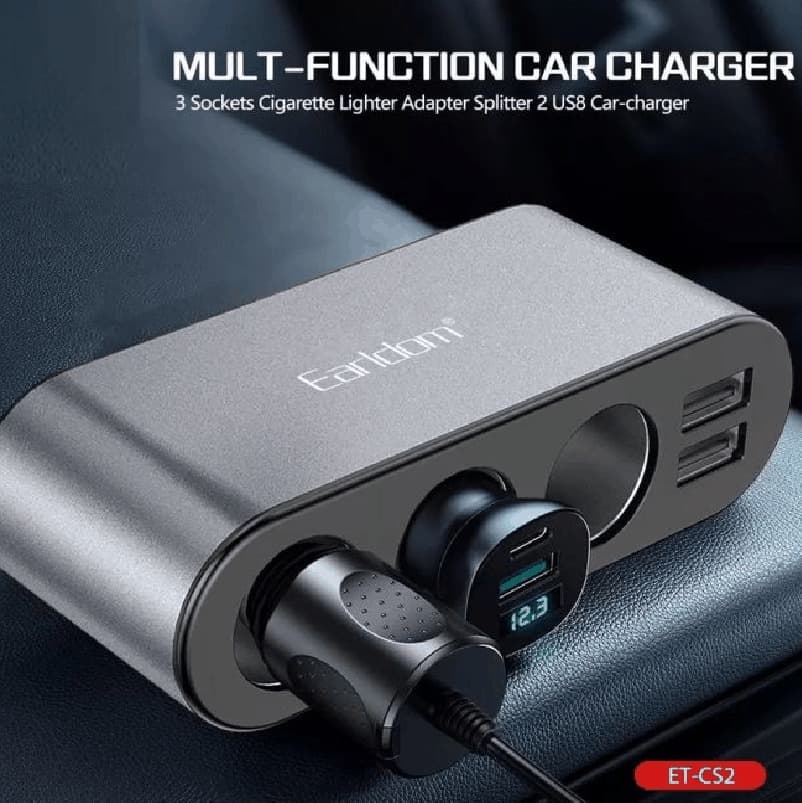 Изображение Разветвитель Ealdom ET-CS2 LED 3 прикуривателя + 2USB 2,1A черный с дисплеем сайта akstel.ru фото Разветвитель Ealdom ET-CS2 LED 3 прикуривателя + 2USB 2,1A черный с дисплеем