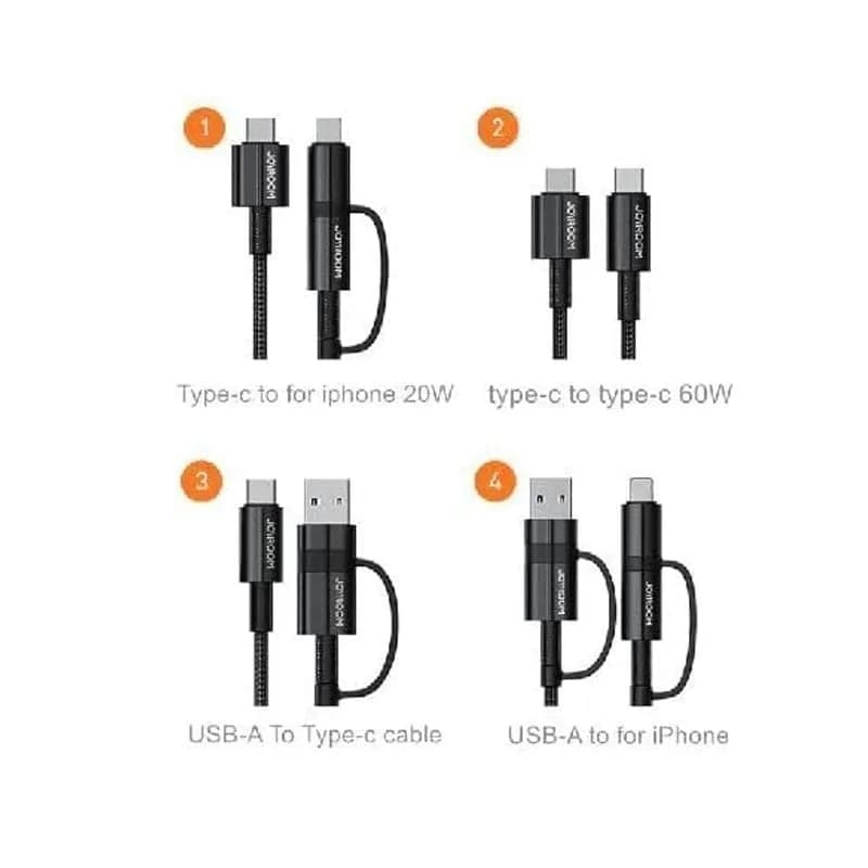 Кабель для зарядки 4 в 1 USB / Type-C to Lightning 20W / Type-C to Type-C 60W Joyroom S-1830G3 1.8м черный Кабель для зарядки 4 в 1 USB / Type-C to Lightning 20W / Type-C to Type-C 60W Joyroom S-1830G3 1.8м черный