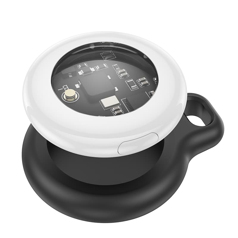 Изображение Беспроводная метка GPS-трекер маячок брелок AirTag Hoco E91 Tiger для автомобиля, ключей, животных, одежды белый с черным чехлом фото Беспроводная метка GPS-трекер маячок брелок AirTag Hoco E91 Tiger для автомобиля, ключей, животных, одежды белый с черным чехлом