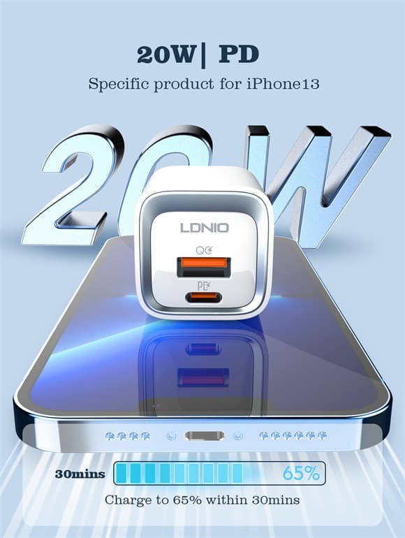 фото Сетевое зарядное устройство + кабель Type-C to Type-C LDNIO A2318C PD+USB QC3.0 20W белый