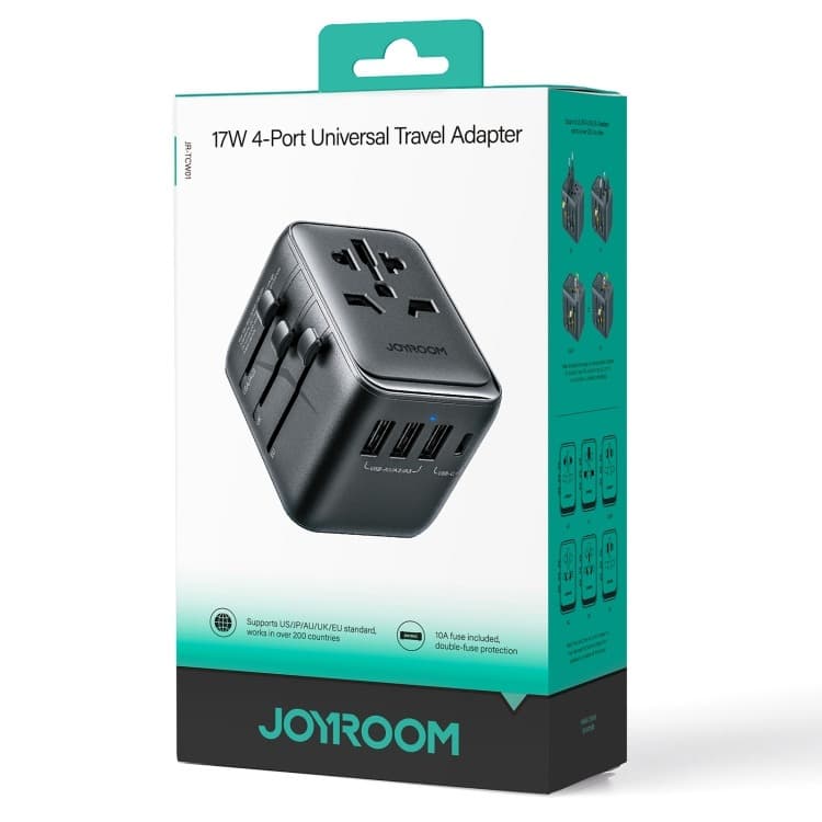 Изображение Универсальное зарядное устройство адаптер Joyroom JR-TCW01 17W EU/US/JP/AU/UK Type-C USB-C+3USB 10A черный фото Универсальное зарядное устройство адаптер Joyroom JR-TCW01 17W EU/US/JP/AU/UK Type-C USB-C+3USB 10A черный