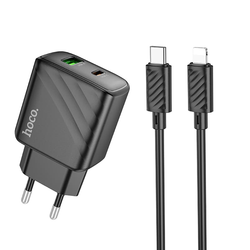 фото Сетевое зарядное устройство + кабель для iphone Lightning to Type-C HOCO CS23A PD 30W+QC3.0 1м 3A черный