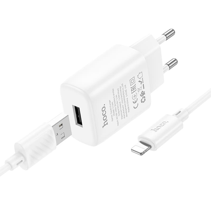 Изображение Сетевое зарядное устройство + кабель для iphone Lightning HOCO C134A 1USB 12W 2.4A 1м белый фото Сетевое зарядное устройство + кабель для iphone Lightning HOCO C134A 1USB 12W 2.4A 1м белый