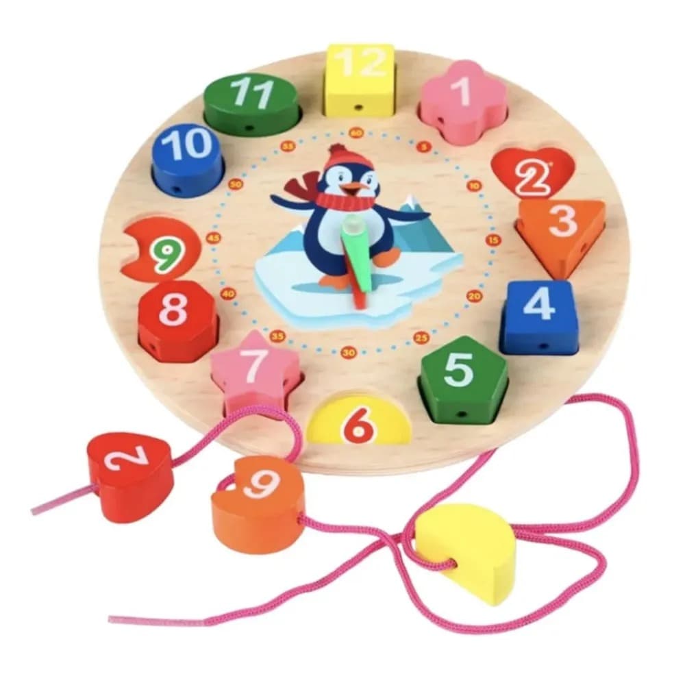 Часы сортер развивающие с объемными вкладышами и шнуровкой, дерево Часы сортер развивающие с объемными вкладышами и шнуровкой, дерево