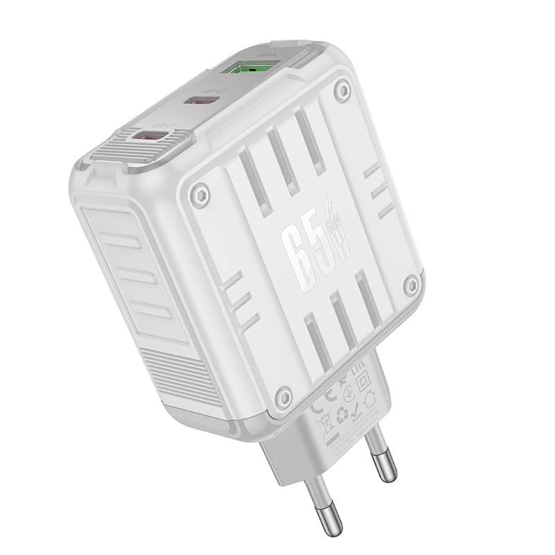фото Сетевое зарядное устройство Адаптер Блок питания HOCO C139A Rock 2PD 65W+QC3.0 18W / 2 Type-C USB-C+USB 3A белое