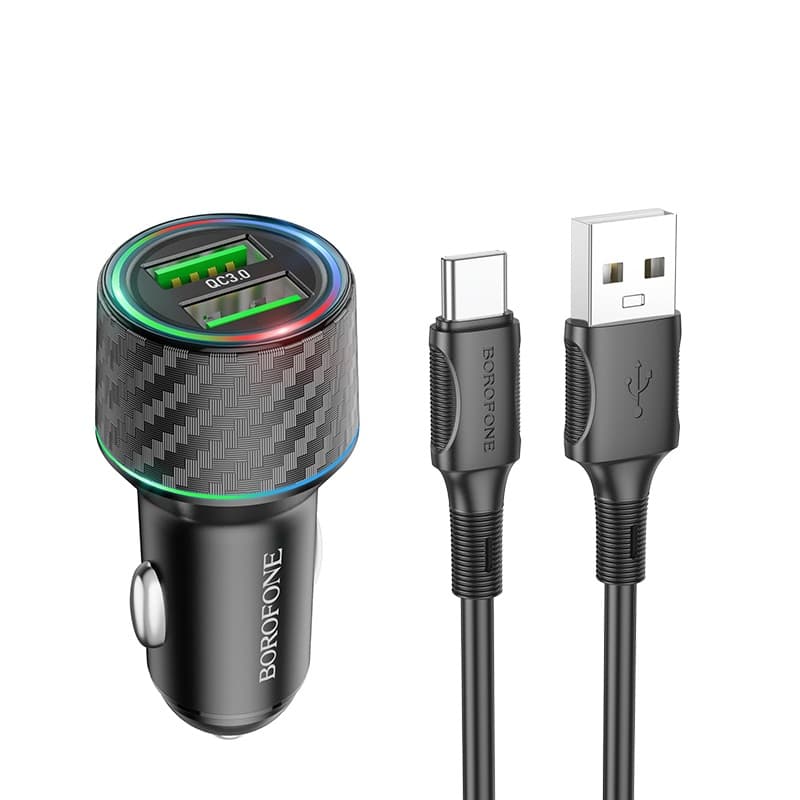 фото Автомобильное зарядное устройство + кабель Type-C USB Borofone BZ21A 36W 2USB QC3.0 1м черное