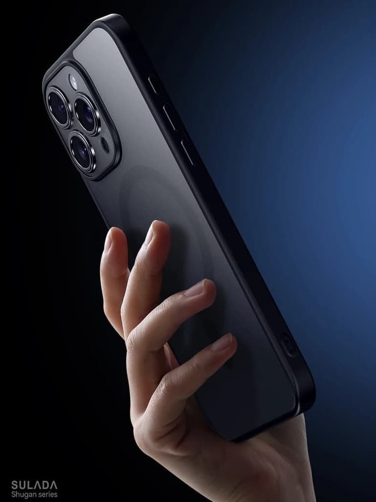 фото Чехол накладка для iphone 16 Pro Max (6.9) SULADA Shugan силикон+пластик притемненный матовый, титановый черный бампер с магнитом для magsafe