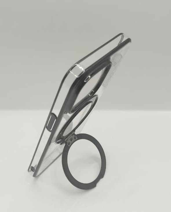 фото Чехол накладка для iphone 16 Pro Max (6.9) SULADA Ring силикон+пластик прозрачный с черным бампером с магнитом для magsafe и кольцом держателем