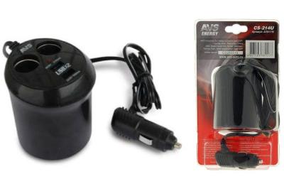 Разветвитель прикуривателя 12/24 2 выхода+2USB 1A+2A с проводом CS214U AVS