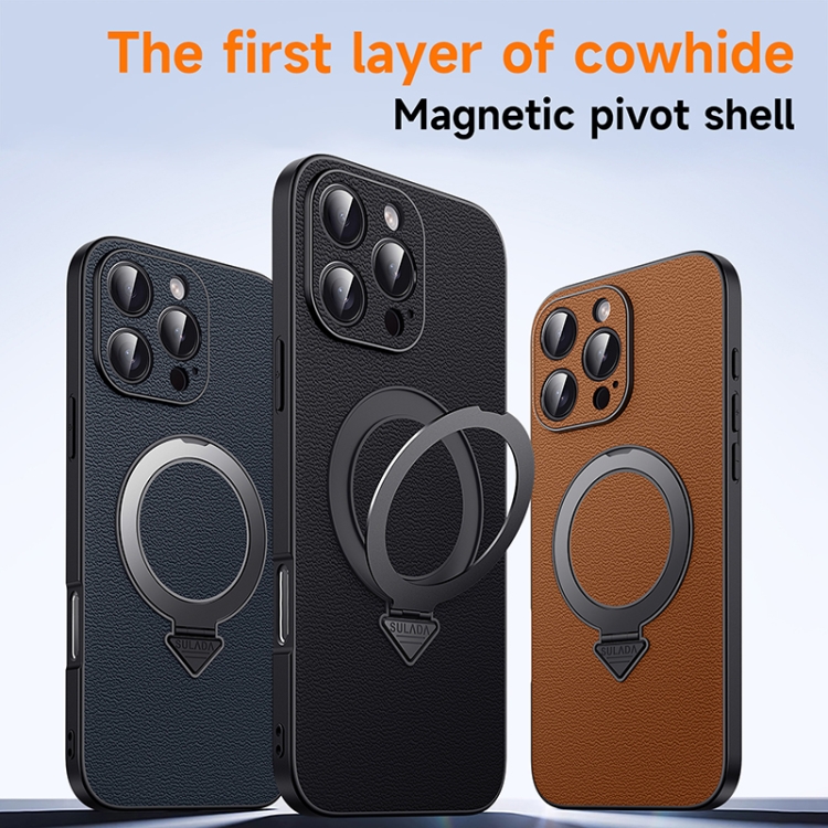фото Чехол накладка для iphone 15 Pro Max (6.7) SULADA Greenstraw натуральная кожа черный с магнитом для magsafe и кольцом-держателем