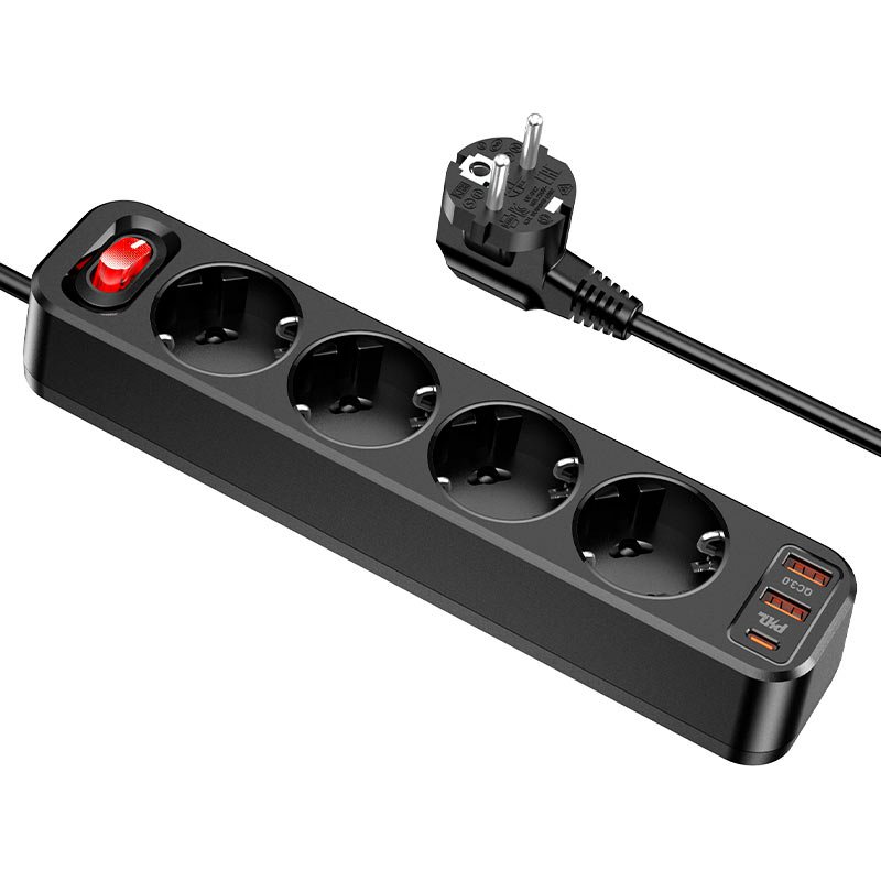 Сетевой фильтр HOCO NS1 4 гнезда + 2USB QC3.0 + PD 20W Type-C USB-C 1.8м черный Сетевой фильтр HOCO NS1 4 гнезда + 2USB QC3.0 + PD 20W Type-C USB-C 1.8м черный