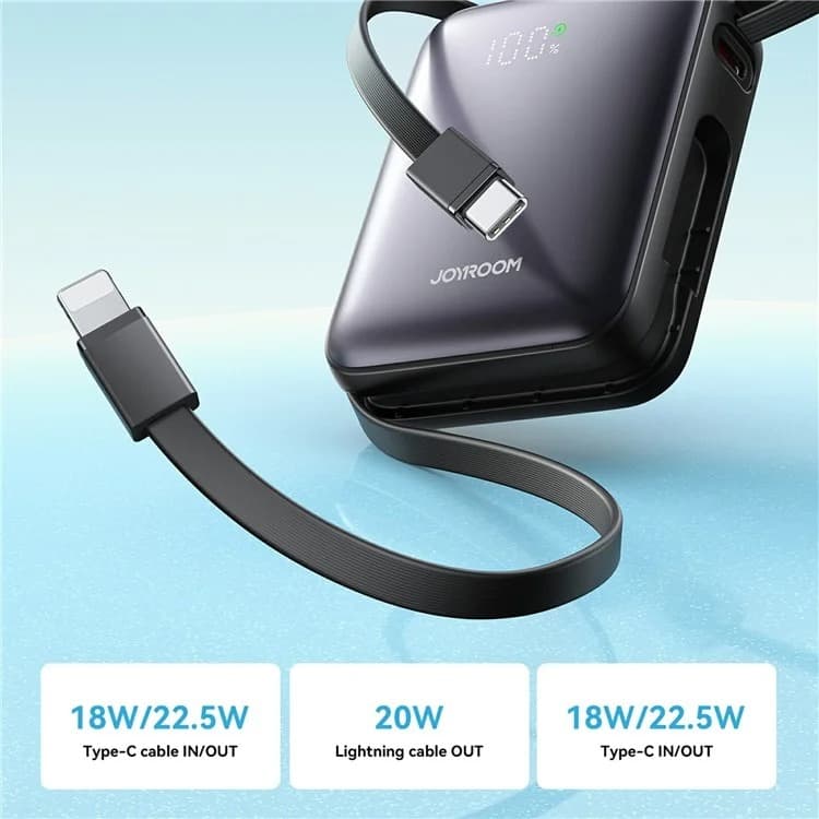 Изображение Внешний аккумулятор повербанк Power bank Joyroom JR-PBF27 10000mAh 22.5W с дисплеем и двумя встроенными кабелями черный фото Внешний аккумулятор повербанк Power bank Joyroom JR-PBF27 10000mAh 22.5W с дисплеем и двумя встроенными кабелями черный