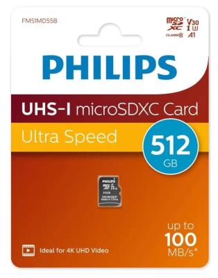 Карта памяти Philips Micro SDXC Class 10 100MB/s UHS-I U3 V30 A1 512Gb без адаптера FM51MD55B