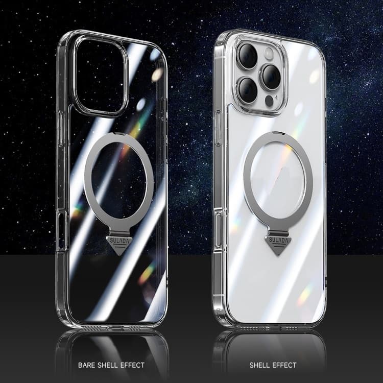 фото Чехол накладка для iphone 16 Pro Max (6.9) SULADA Ring силикон+пластик прозрачный с черным бампером с магнитом для magsafe и кольцом держателем