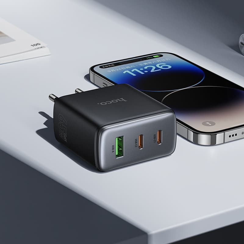 фото Сетевое зарядное устройство Адаптер Блок питания HOCO C160A PD 65W+QC3.0 / 2 Type-C USB-C+USB черное