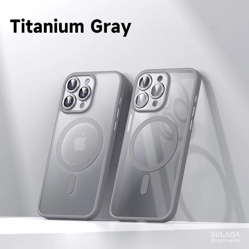 фото Чехол накладка для iphone 16 Pro Max (6.9) SULADA Shugan силикон+пластик притемненный матовый, титановый черный бампер с магнитом для magsafe