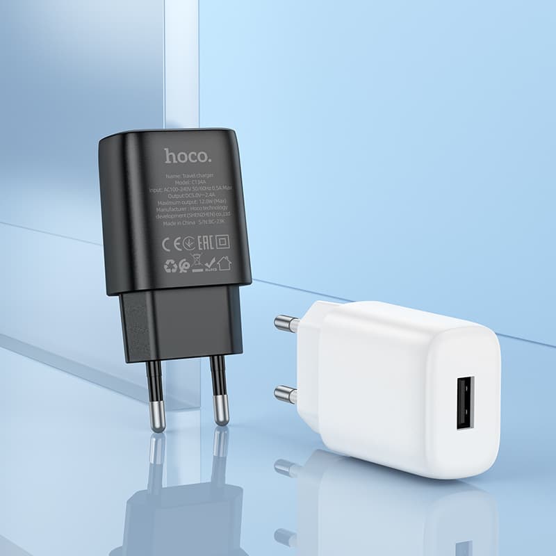 Изображение Сетевое зарядное устройство + кабель для iphone Lightning HOCO C134A 1USB 12W 2.4A 1м белый фото Сетевое зарядное устройство + кабель для iphone Lightning HOCO C134A 1USB 12W 2.4A 1м белый