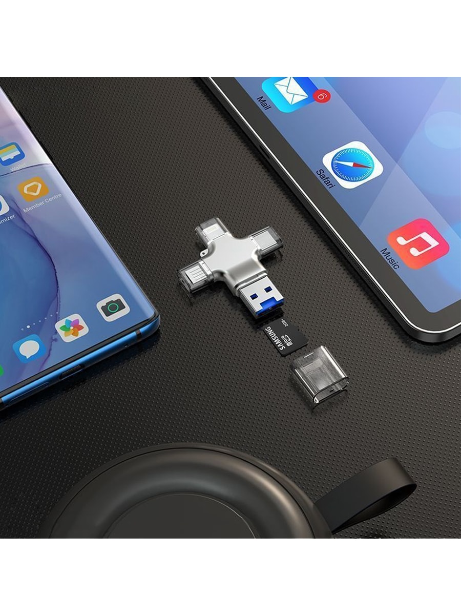 Картридер для iP Lightning/Type-C/Micro USB/USB 2.0 Borofone DHB01 4 in 1 серебро Картридер для iP Lightning/Type-C/Micro USB/USB 2.0 Borofone DHB01 4 in 1 серебро