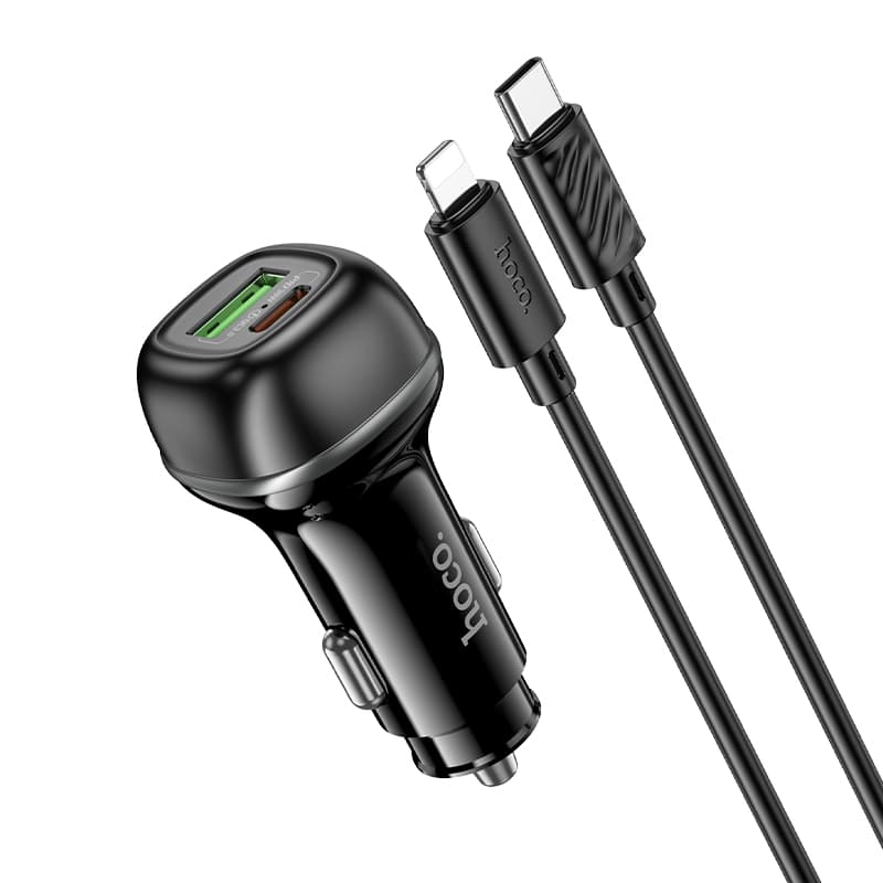 Изображение Автомобильное зарядное устройство + кабель Type-C to iphone lightning 8 pin HOCO Z58A 48W PD 30W+QC3.0 3A 1м черный фото Автомобильное зарядное устройство + кабель Type-C to iphone lightning 8 pin HOCO Z58A 48W PD 30W+QC3.0 3A 1м черный