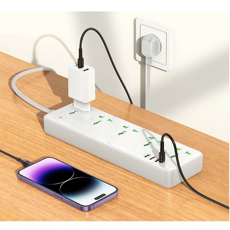 Сетевой фильтр HOCO AC13A 5 гнезд + Type-C USB-C + 3USB 1.5м 2500W DC17W белый