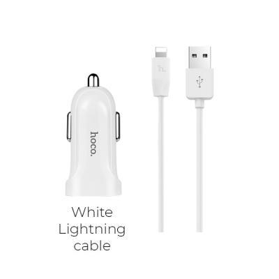 Автомобильное зарядное устройство + кабель Lightning 8 pin HOCO Z2A 2USB 2,4A белый	