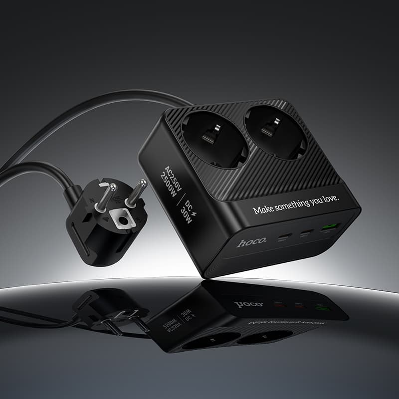 Сетевой фильтр HOCO AC27 2 гнезда + 2 Type-C USB-C PD30W + USB QC3.0 2м 2500W черный