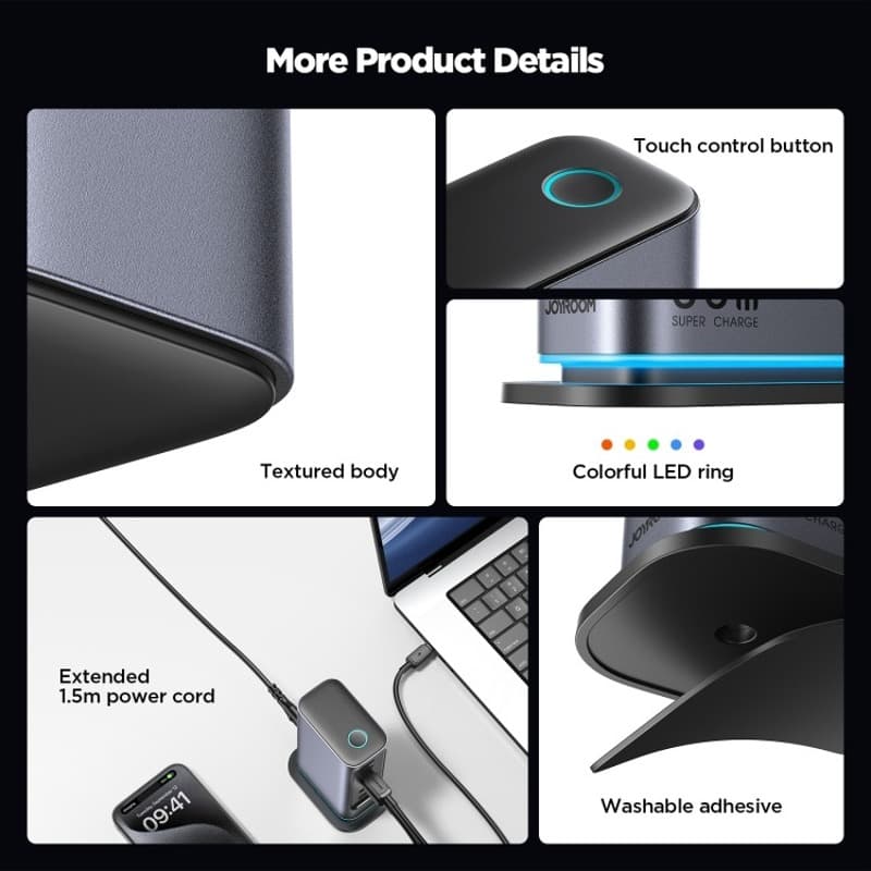 фото Сетевое зарядное устройство Адаптер Блок питания Joyroom JR-TCM02 65W GaN Multi-port PD 4Type-C USB-C+2USB настольный 1.5м темно-серый