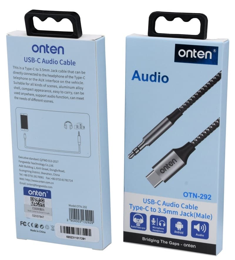 Кабель Aux Jack 3.5 - Type-C USB-C Onten OTN-292 плетеный черный Кабель Aux Jack 3.5 - Type-C USB-C Onten OTN-292 плетеный черный