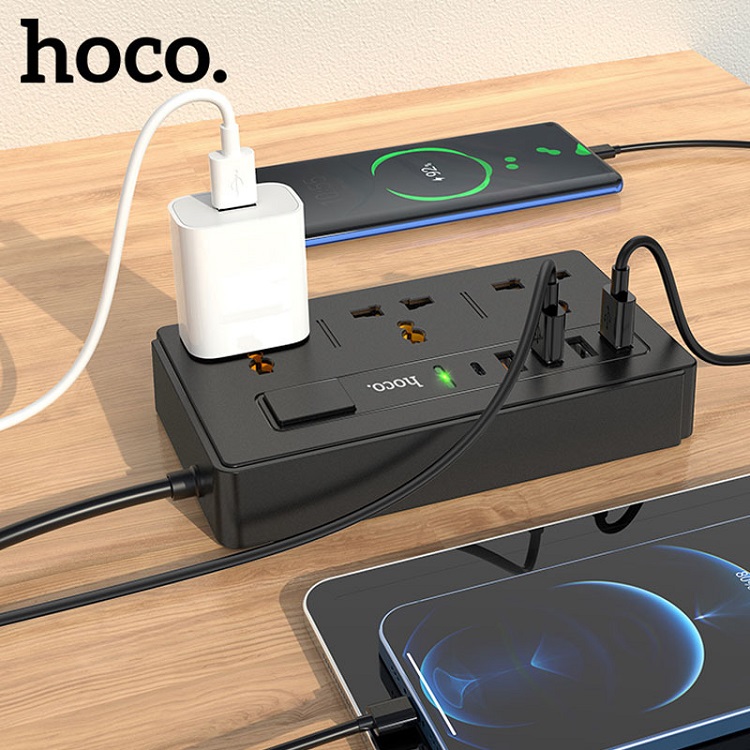 Сетевой фильтр HOCO DC15 3 гнезда + 3USB + USB QC3.0 + PD 18W Type-C USB-C черный