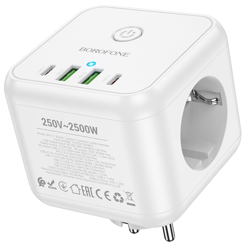 Сетевой фильтр Borofone BAC11 3 гнезда + 2 Type-C USB-C PD 40W + 2USB QC3.0 2500W белый Сетевой фильтр Borofone BAC11 3 гнезда + 2 Type-C USB-C PD 40W + 2USB QC3.0 2500W белый