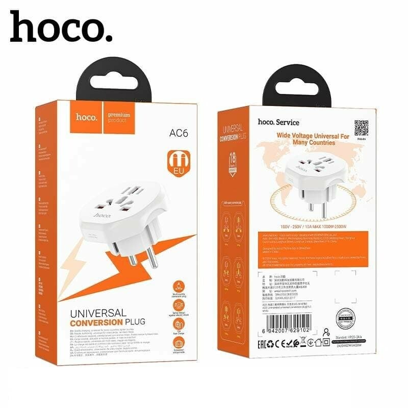 фото Сетевой переходник адаптер для евророзетки Hoco AC6 10А 250В белый