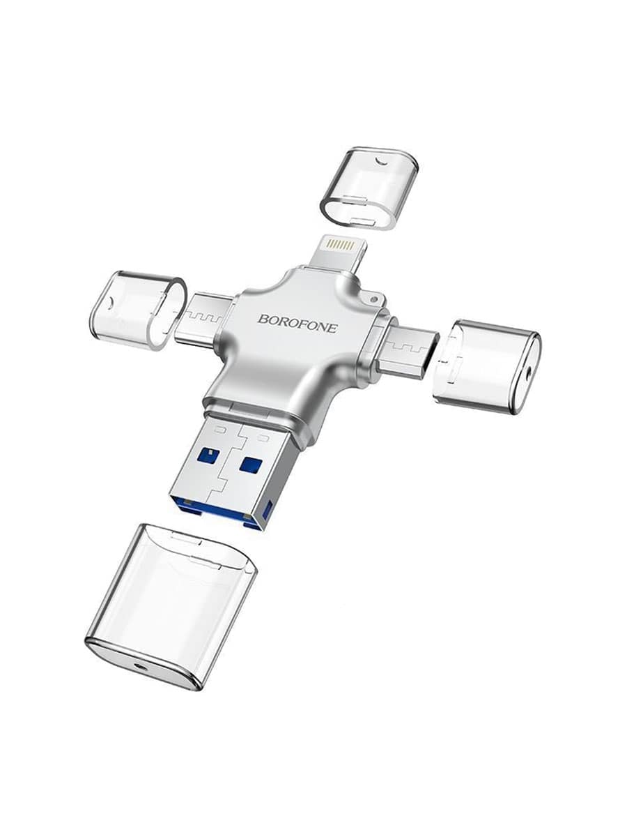 Картридер для iP Lightning/Type-C/Micro USB/USB 2.0 Borofone DHB01 4 in 1 серебро Картридер для iP Lightning/Type-C/Micro USB/USB 2.0 Borofone DHB01 4 in 1 серебро