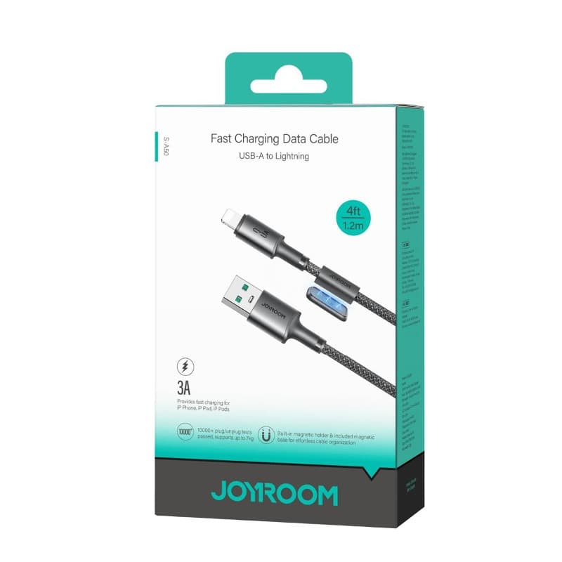 Кабель для зарядки iphone Lightning Joyroom S-A50 1.2м 3A с магнитным самоклеющимся держателем в оплетке темно-серый Кабель для зарядки iphone Lightning Joyroom S-A50 1.2м 3A с магнитным самоклеющимся держателем в оплетке темно-серый