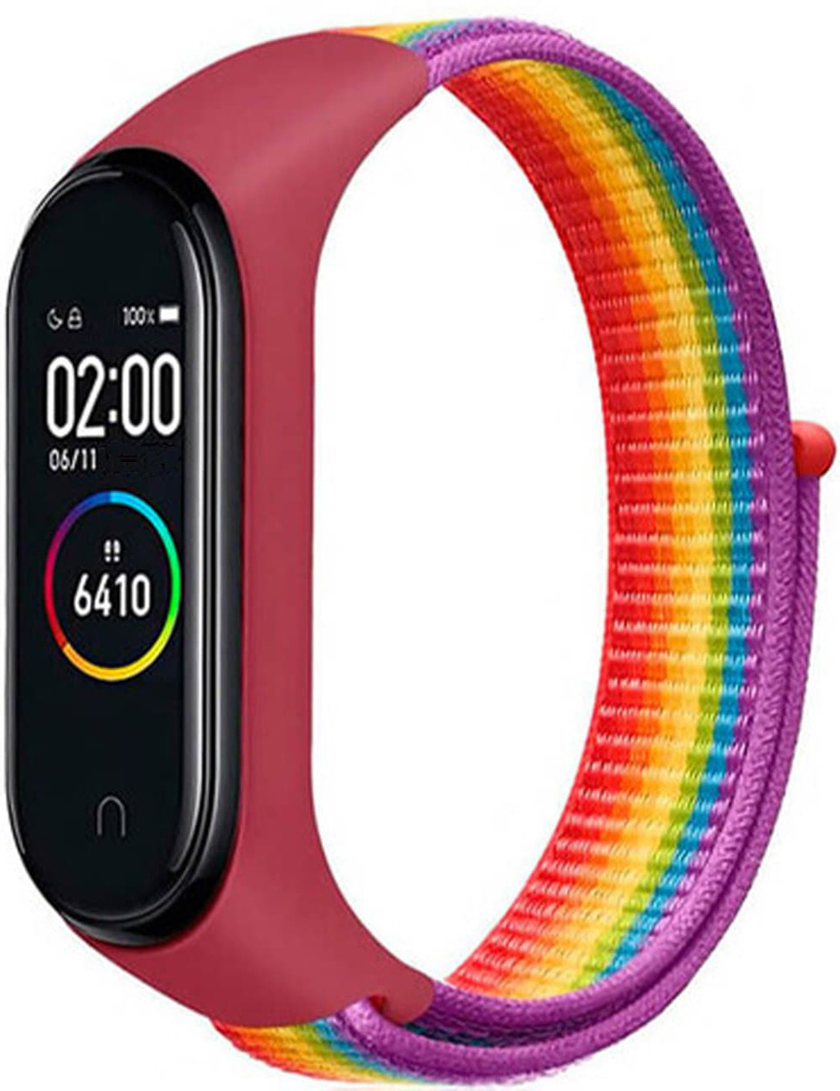Ремешок для Mi Band 5/Mi Band 6 нейлоновый с липучкой радужный с красным ободком