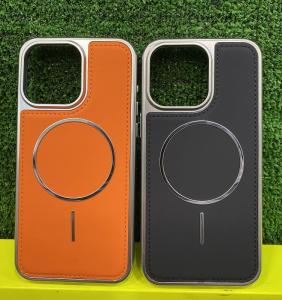 Чехол накладка для iphone 16 Pro (6.3) силикон+пластик с магнитом экокожа оранжевая бампер металлик