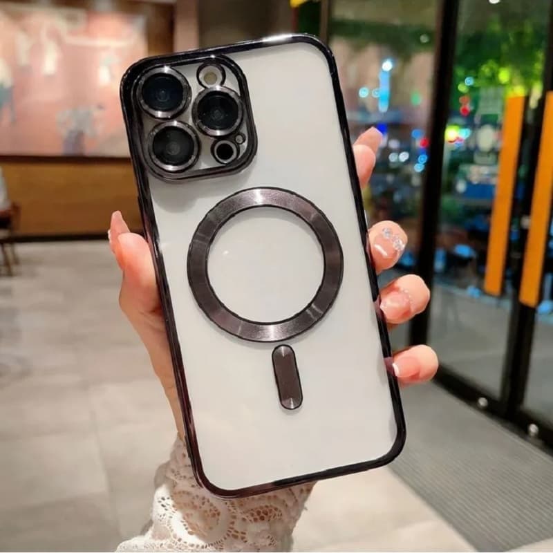 фото Чехол накладка для iphone 15 Pro Max (6.7) силикон с магнитом для magsafe и защитой камеры прозрачная с черным бампером