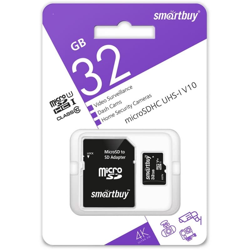 Изображение Карта памяти Smartbuy Micro SDHC Class 10 UHS-I U1 V10 4K 32Gb для видеонаблюдения