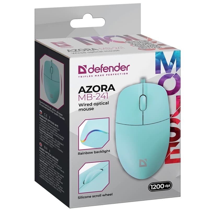 Мышь проводная DEFENDER Azora MB-241 голубой,3 кнопки, 3D,1200 dpi 1.8м
