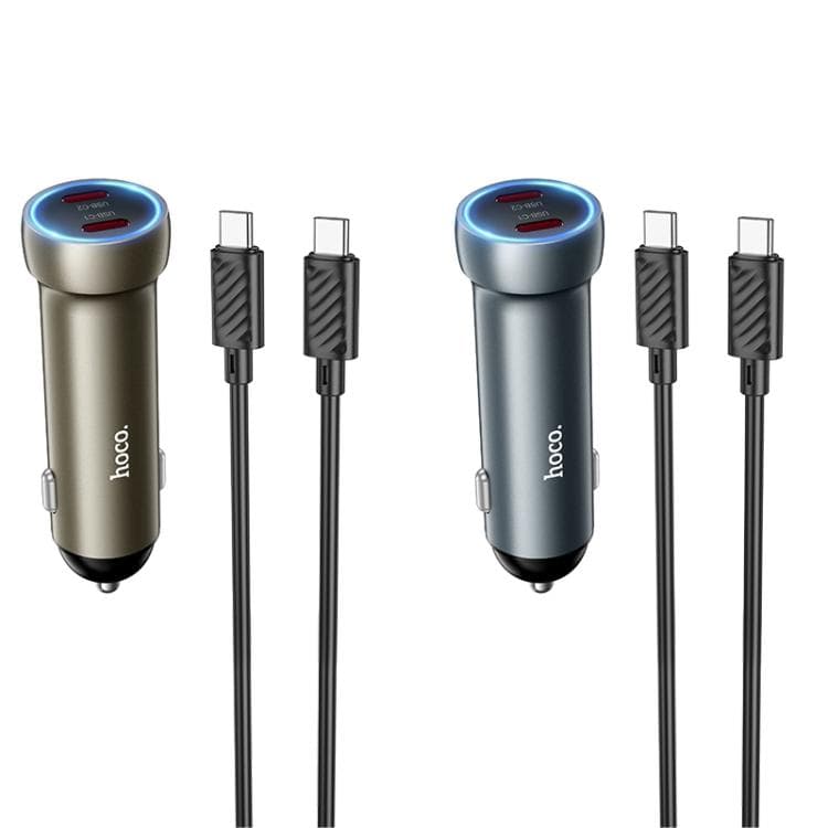 Изображение Автомобильное зарядное устройство + кабель Type-C to Type-C HOCO Z54B PD 60W 2 Type-C USB-C 3A 1м серый металл фото Автомобильное зарядное устройство + кабель Type-C to Type-C HOCO Z54B PD 60W 2 Type-C USB-C 3A 1м серый металл