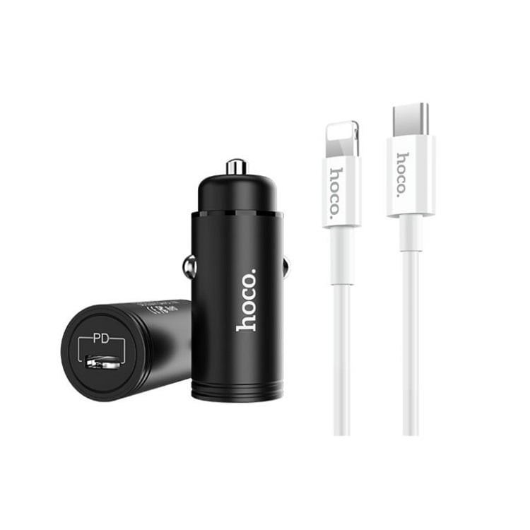 фото Автомобильное зарядное устройство + кабель Type-C to iphone lightning 8 pin HOCO Z19 PD QC 2.0/3.0 черно-белый