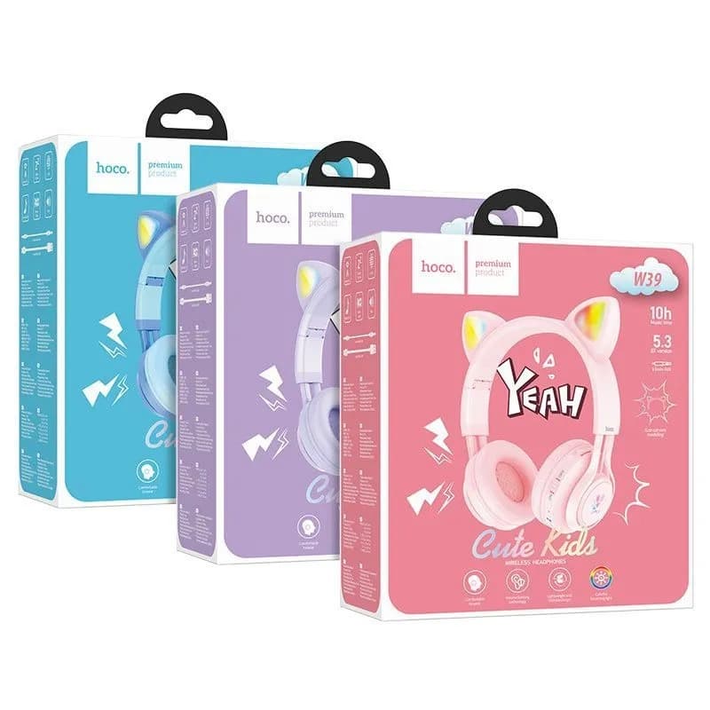 Изображение Наушники беспроводные накладные HOCO W39 Cat ear kids с ушками фиолетовые фото Наушники беспроводные накладные HOCO W39 Cat ear kids с ушками фиолетовые